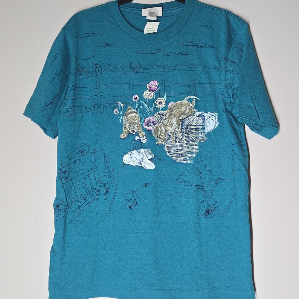 NWT Vintage Northern Reflections T Shirt AOP Dogs Medium Blue Double-Sided